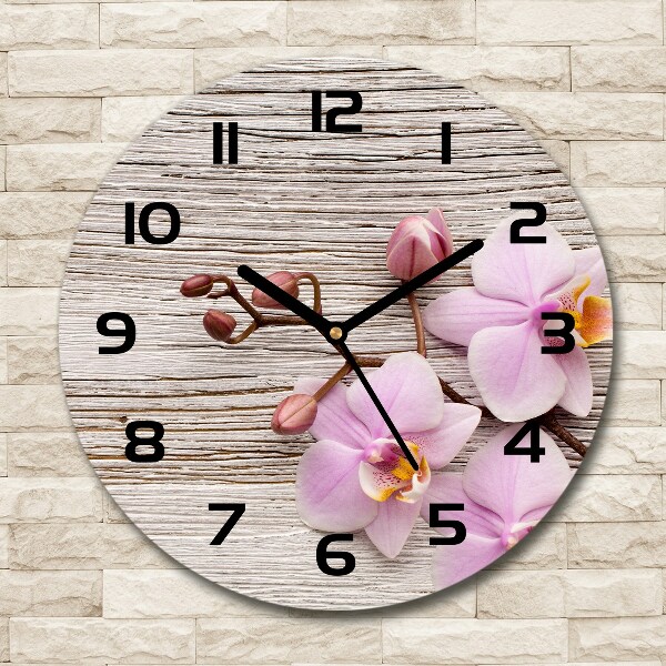 Round wall clock Orchid on wood