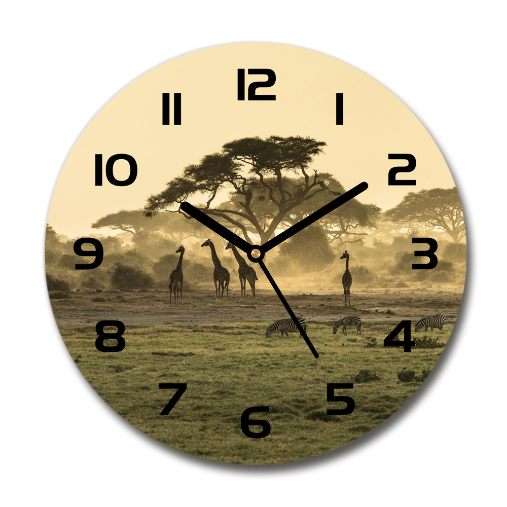 Round wall clock Giraffes in the savanna