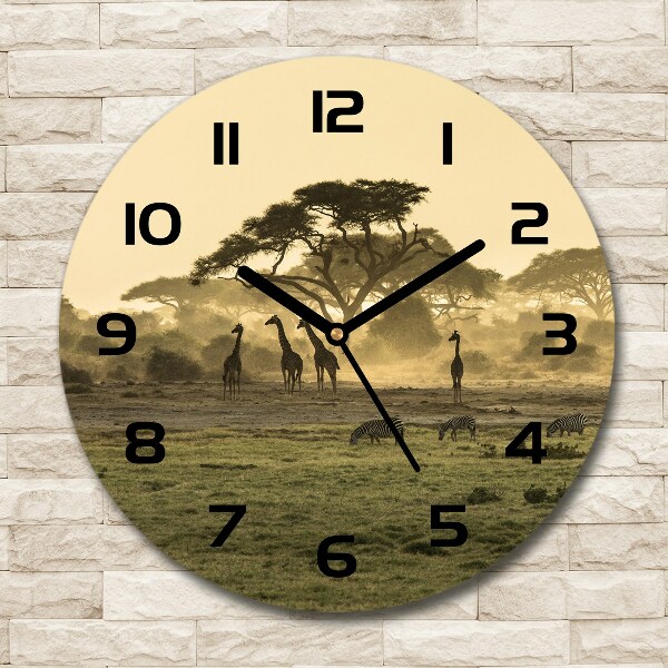 Round wall clock Giraffes in the savanna