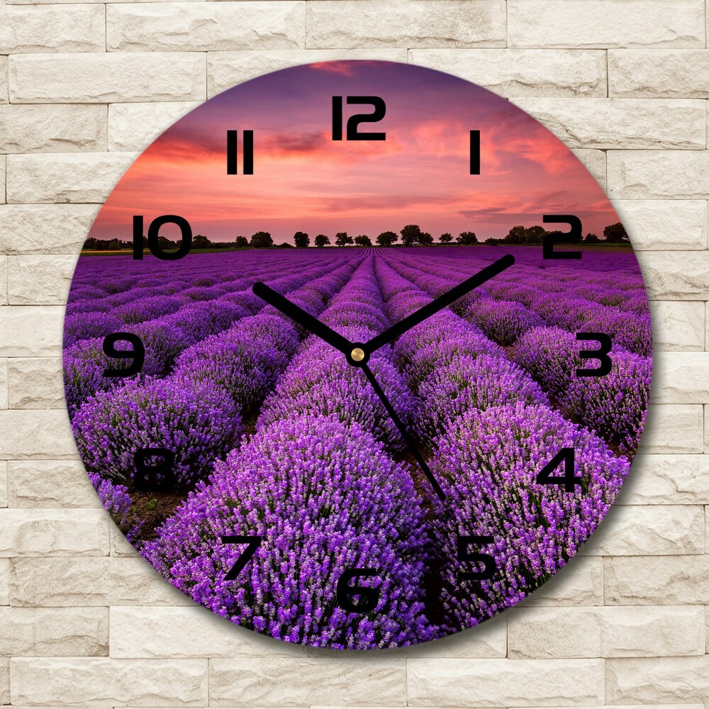 Round glass wall clock Lavender field