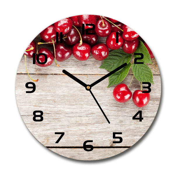 Round glass clock Cherries on wood