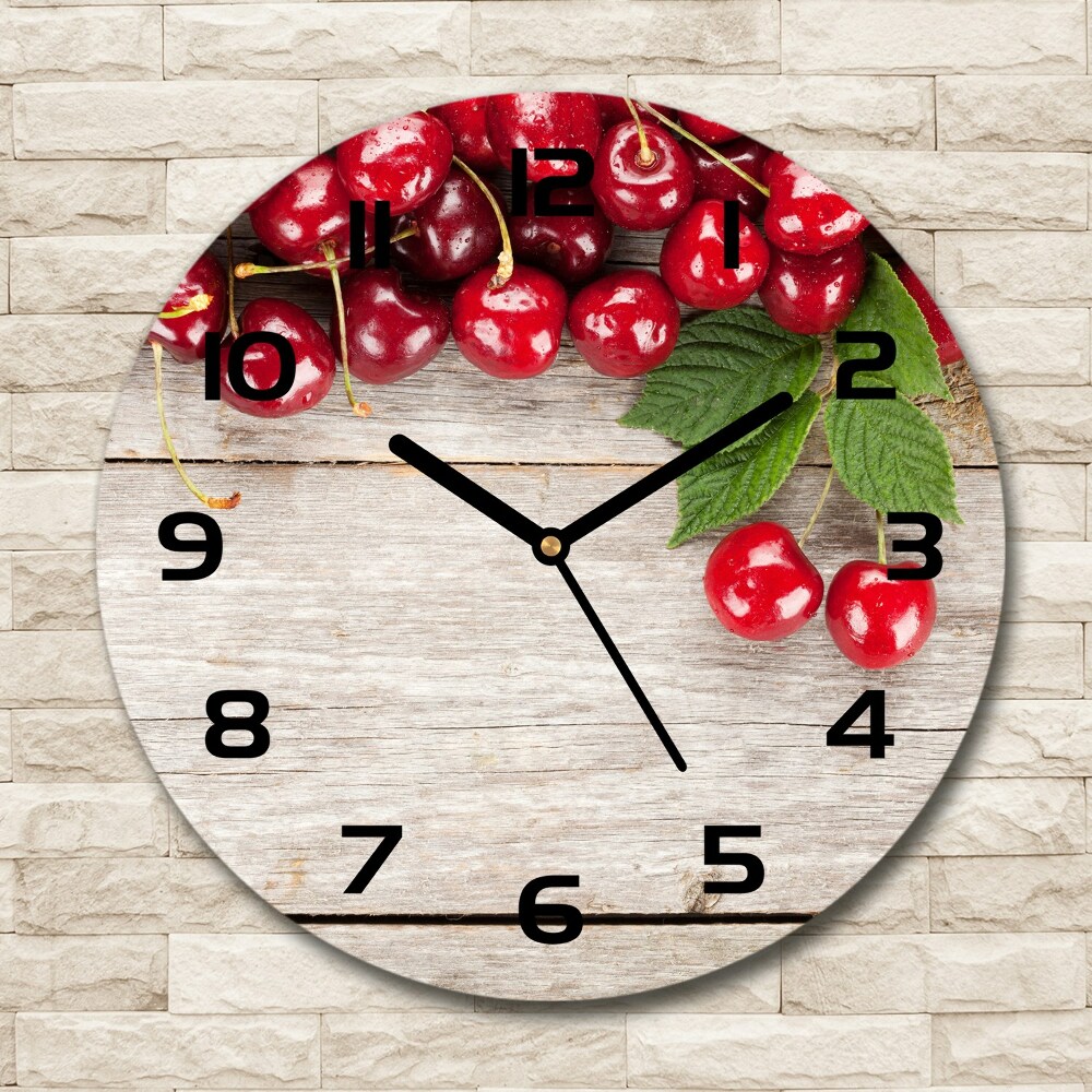 Round glass clock Cherries on wood