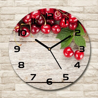 Round glass clock Cherries on wood