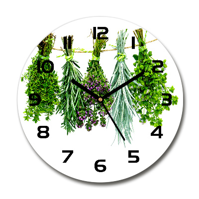 Round glass wall clock Herbs on a string