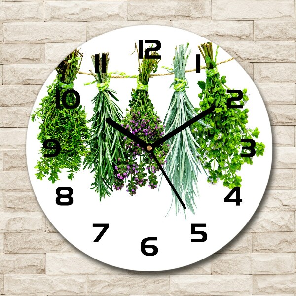 Round glass wall clock Herbs on a string