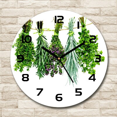 Round glass wall clock Herbs on a string