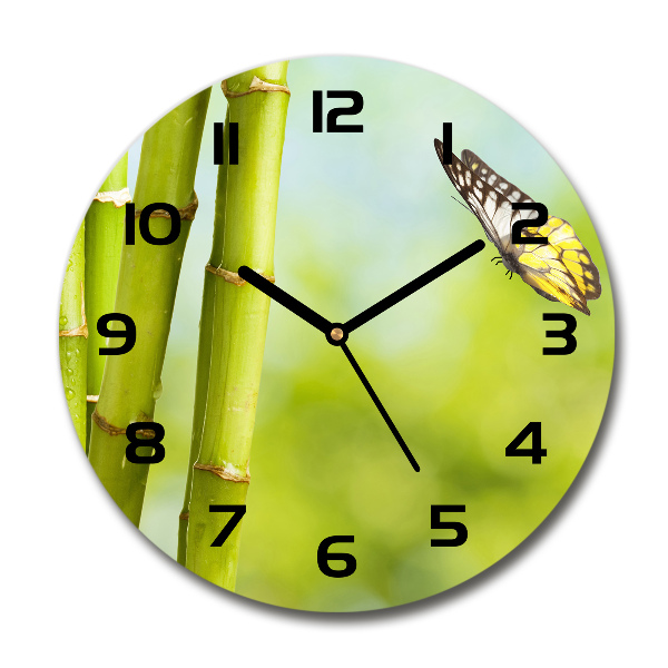 Round glass wall clock Bamboo and butterfly