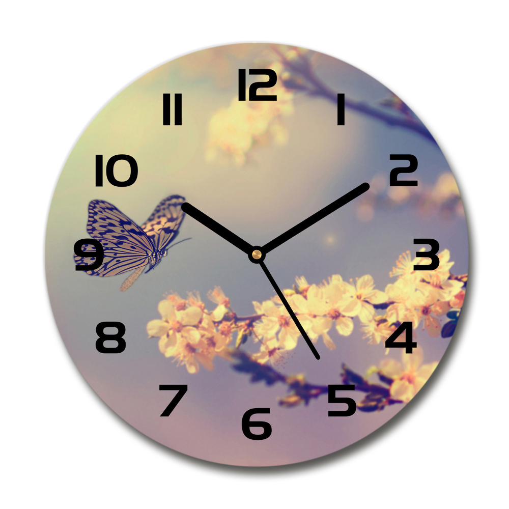 Round wall clock Cherry flower and butterfly