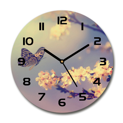 Round wall clock Cherry flower and butterfly