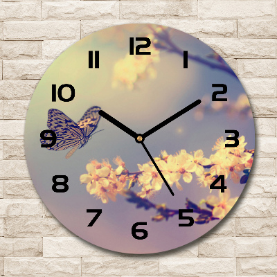 Round wall clock Cherry flower and butterfly