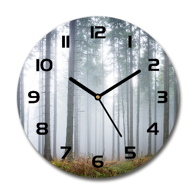 Round glass clock Fog in the forest