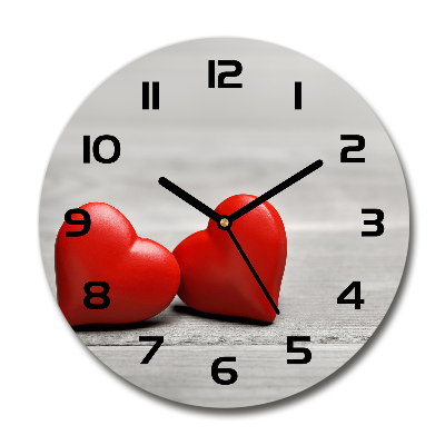 Round glass wall clock Hearts on wood