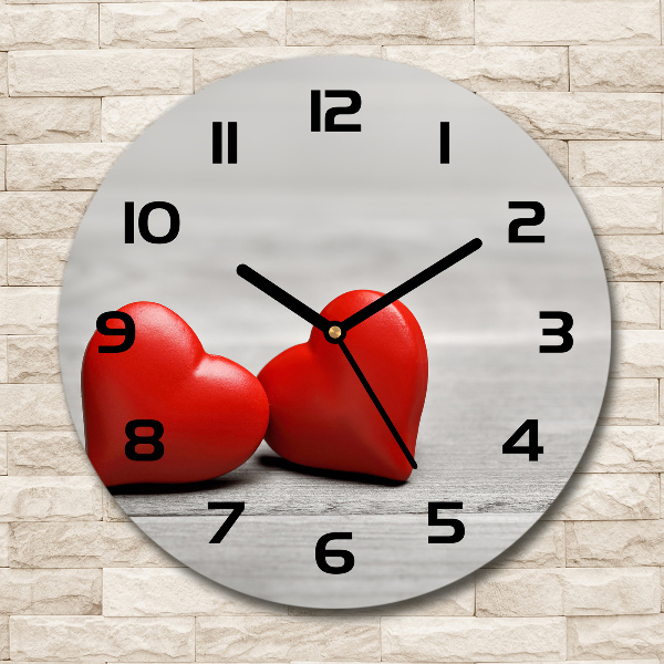 Round glass wall clock Hearts on wood