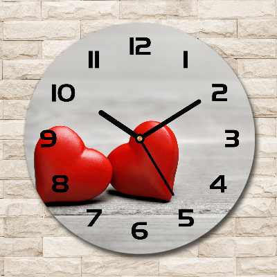 Round glass wall clock Hearts on wood