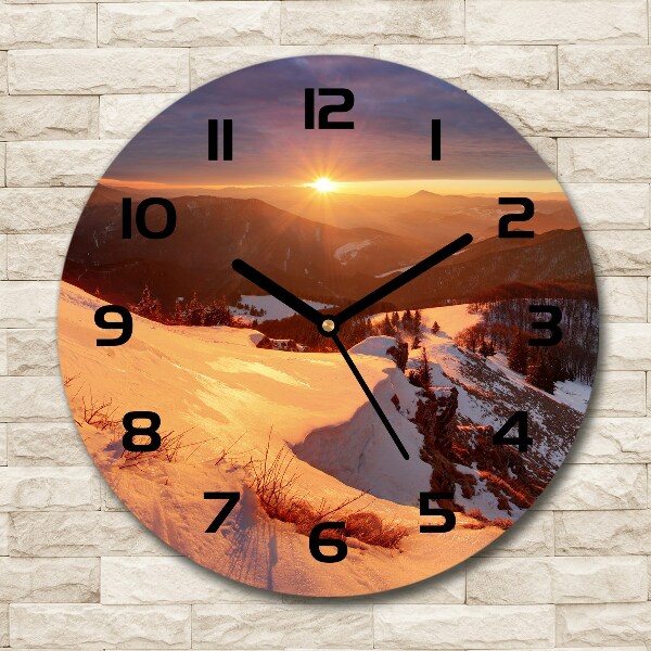 Round clock glass Winter in the mountains