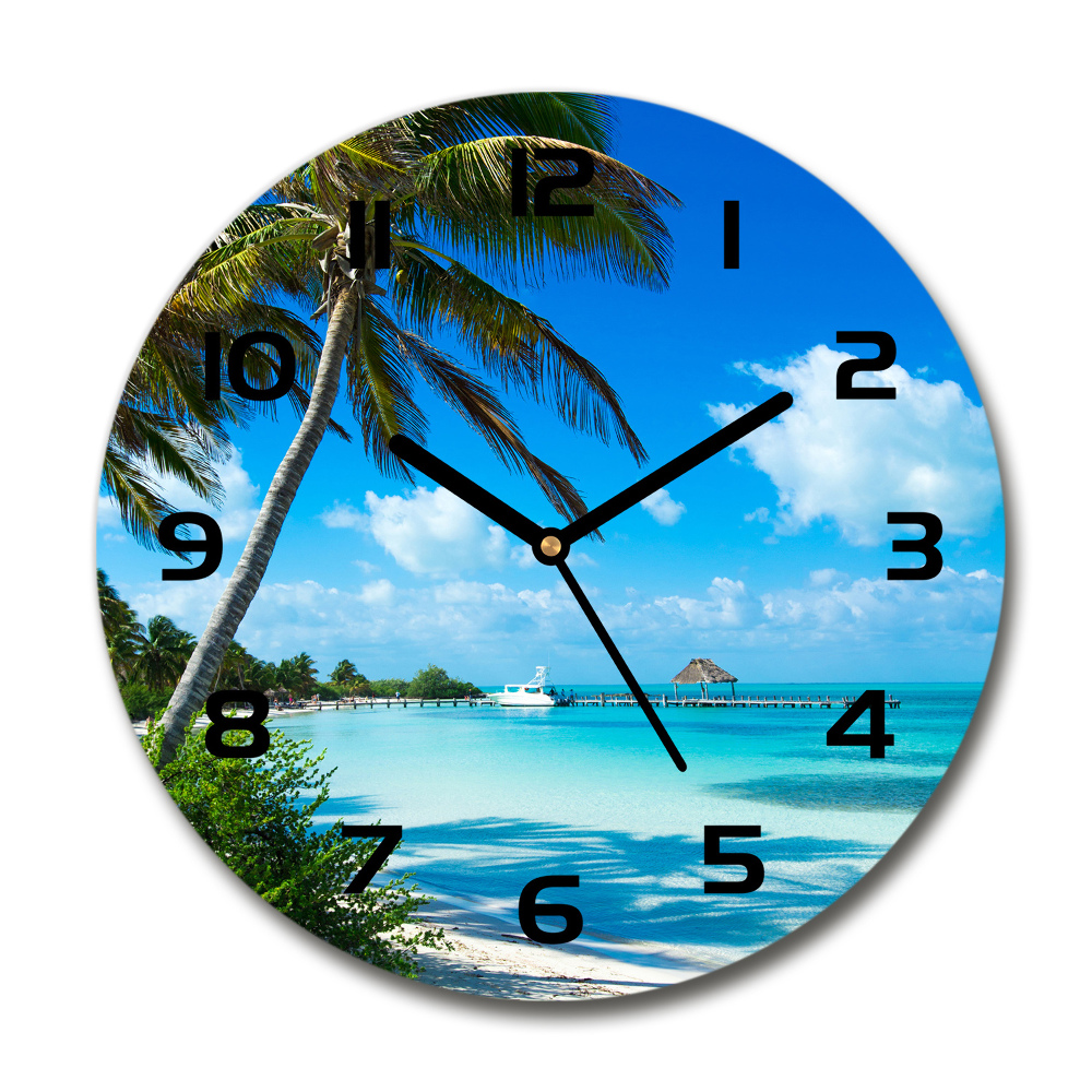 Round glass wall clock Tropical beach