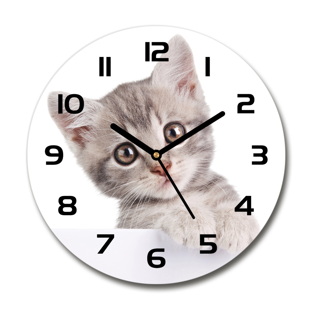 Round glass wall clock Gray cat