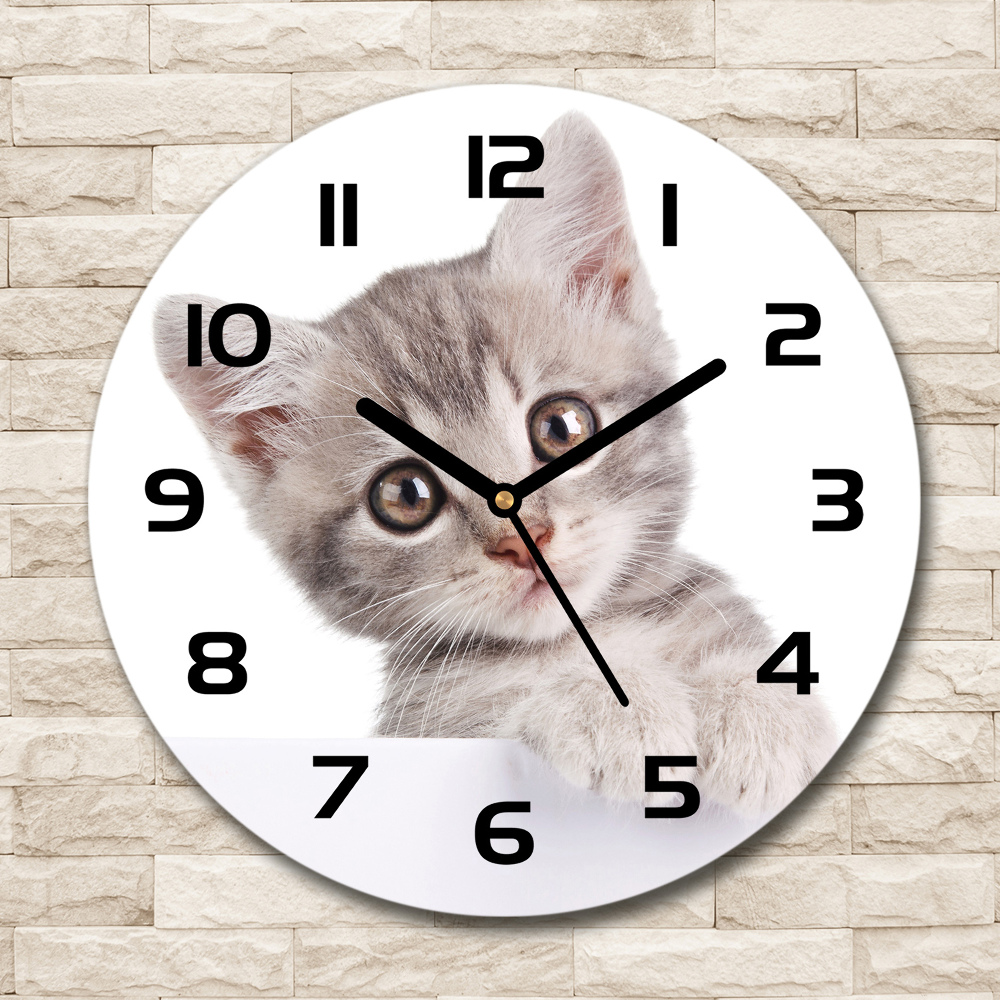 Round glass wall clock Gray cat