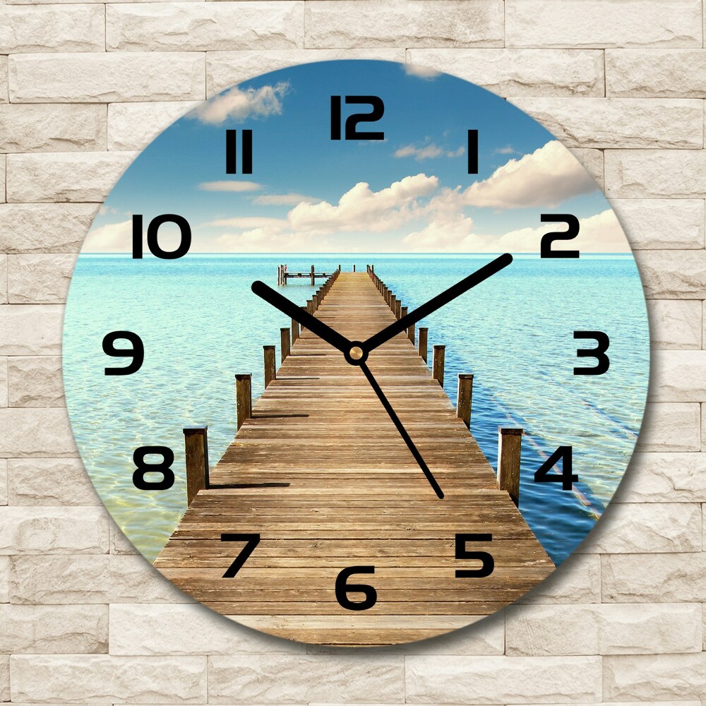 Round glass wall clock Wooden pier