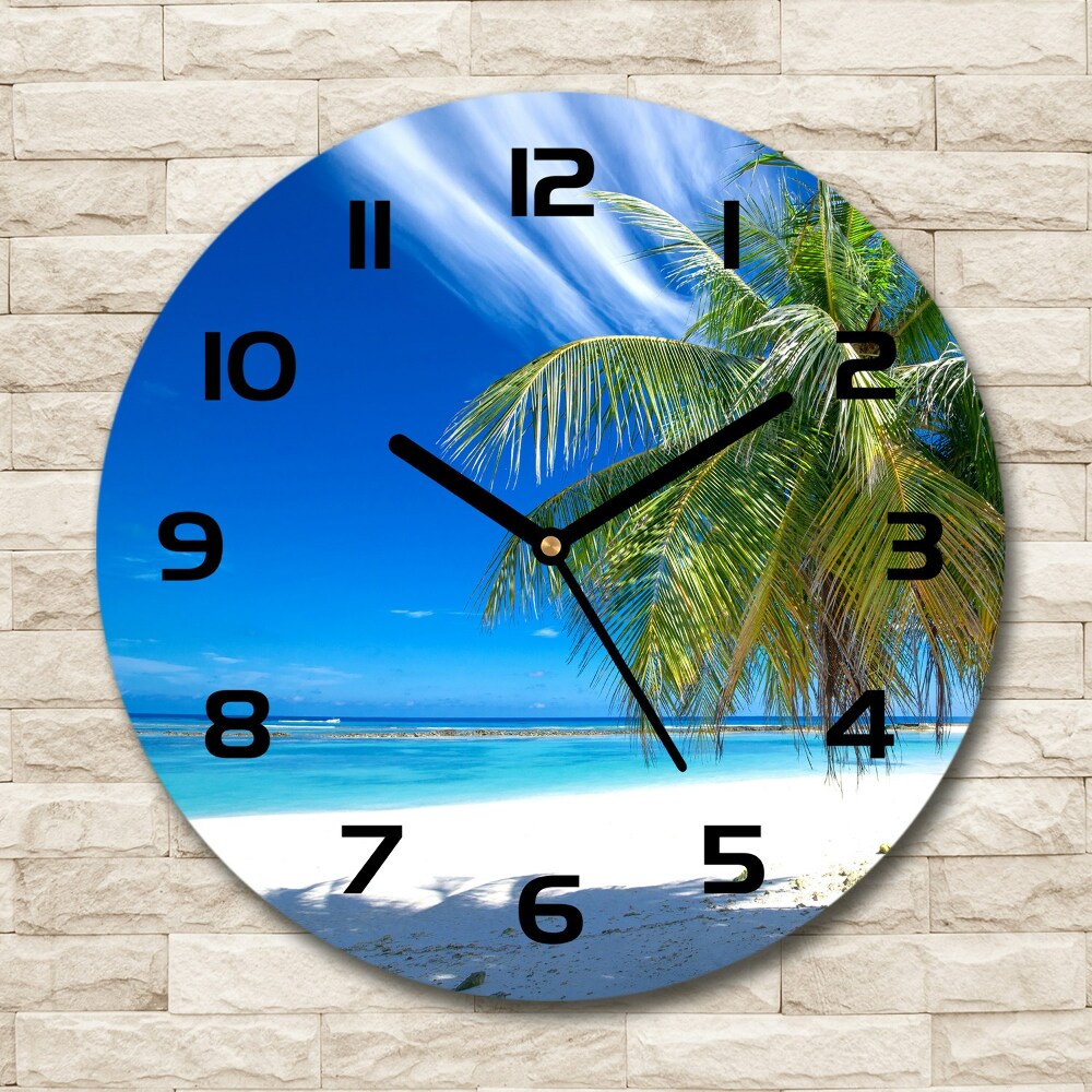 Round glass wall clock Tropical beach