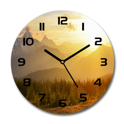 Round glass clock Sunset of the mountain