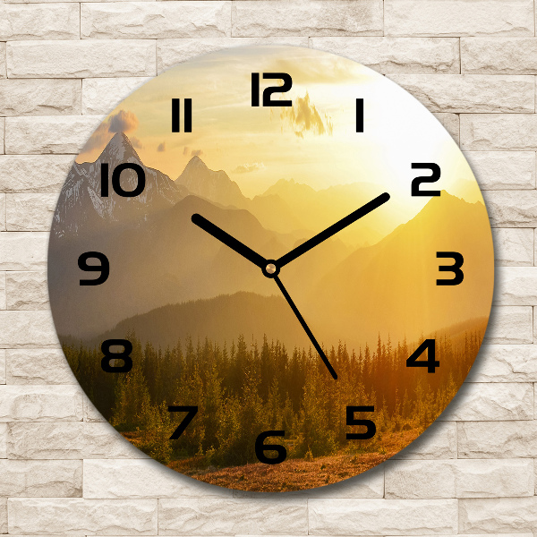 Round glass clock Sunset of the mountain