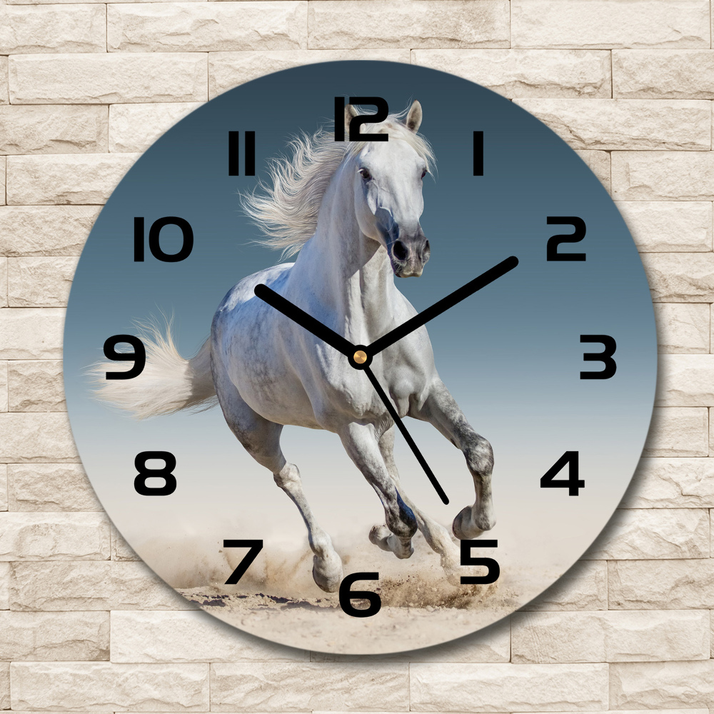 Round wall clock White horse at a gallop