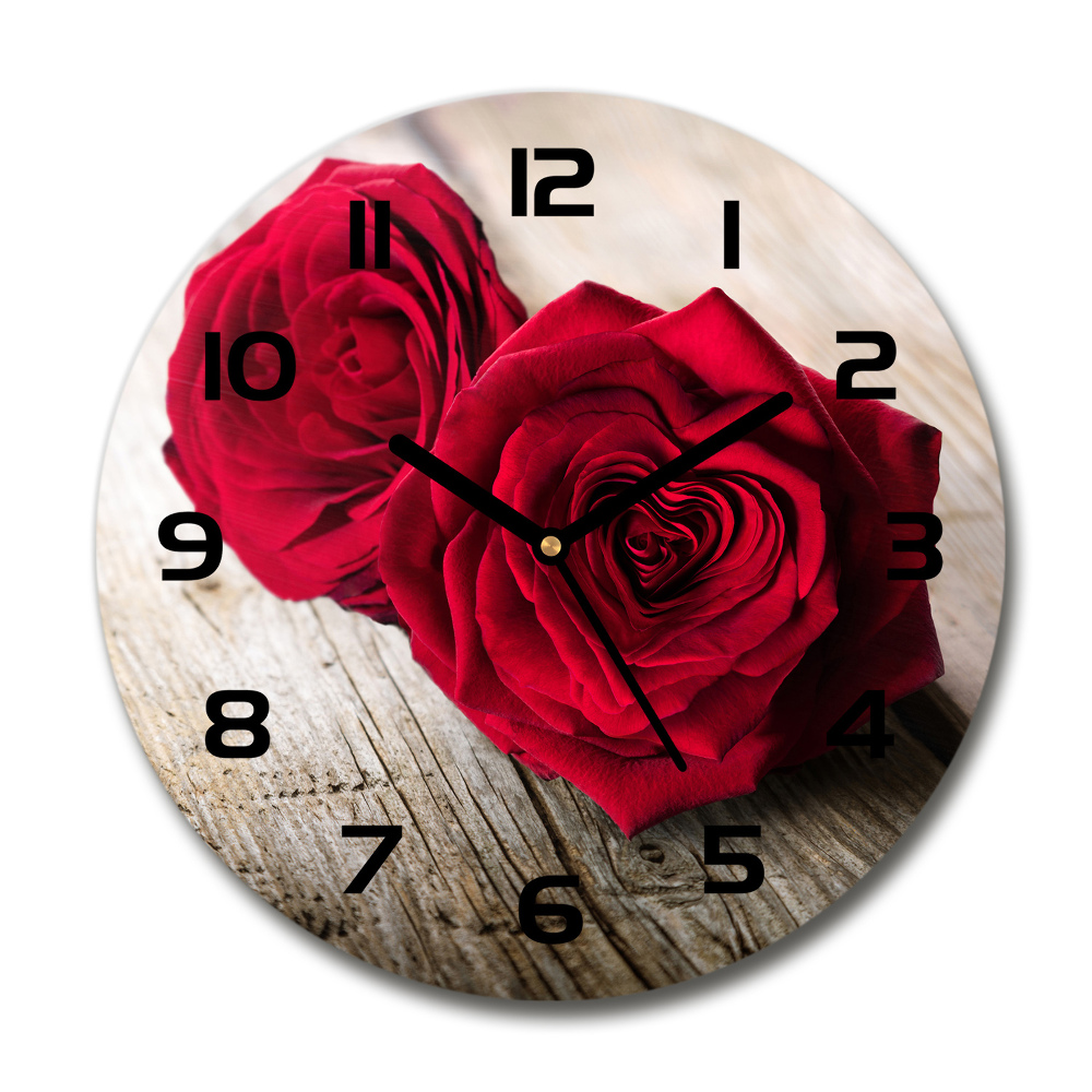 Round glass wall clock Roses on wood