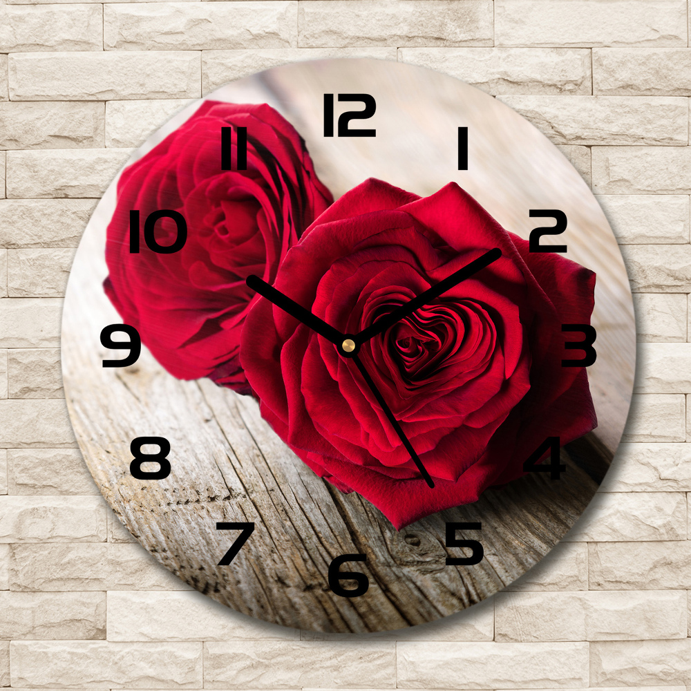 Round glass wall clock Roses on wood