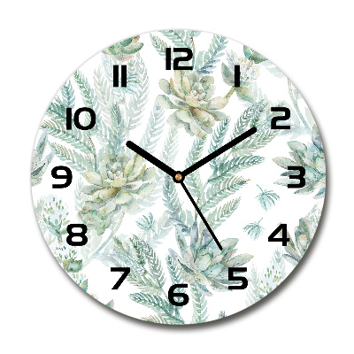 Round glass wall clock Flowers and leaves