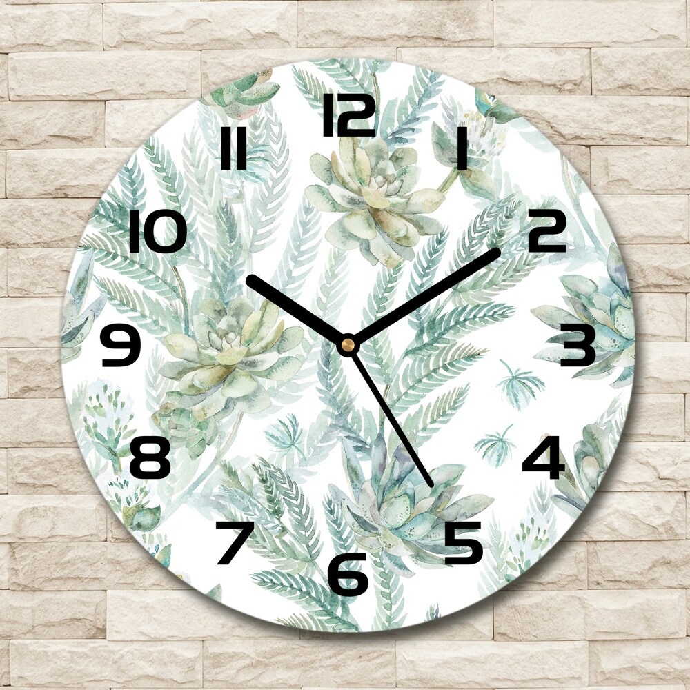 Round glass wall clock Flowers and leaves