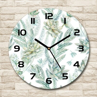 Round glass wall clock Flowers and leaves