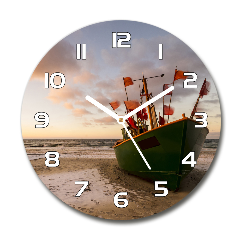 Round glass wall clock Fishing boat beach