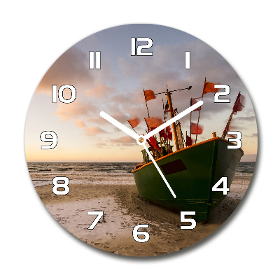 Round glass wall clock Fishing boat beach