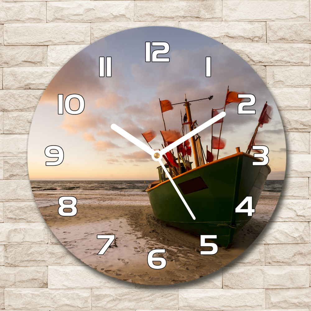 Round glass wall clock Fishing boat beach