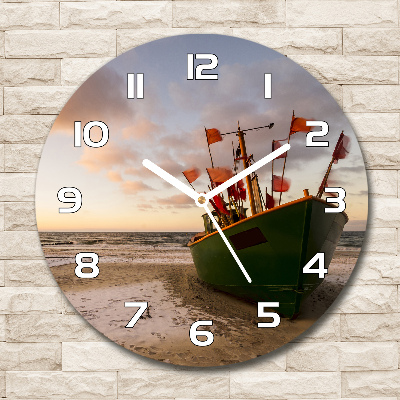 Round glass wall clock Fishing boat beach