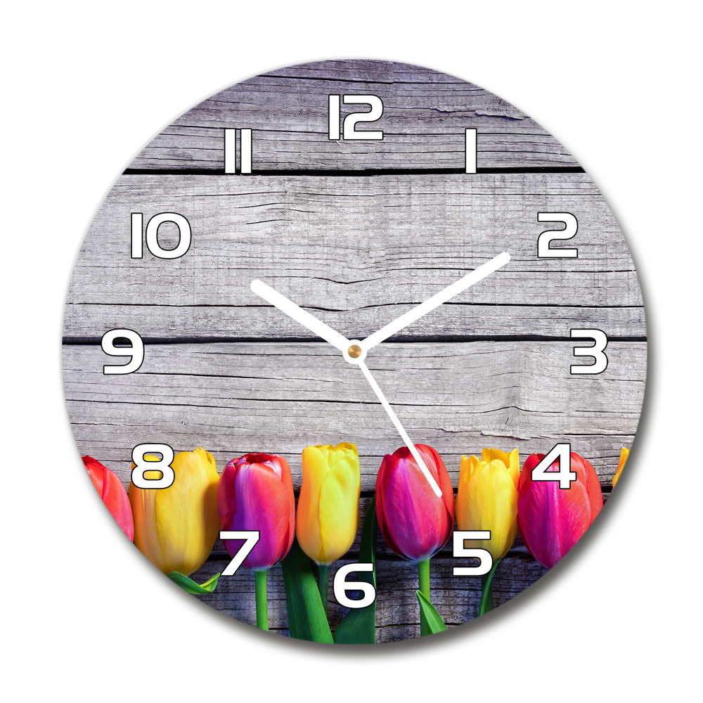 Round wall clock Tulips on wood