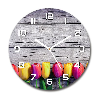 Round wall clock Tulips on wood