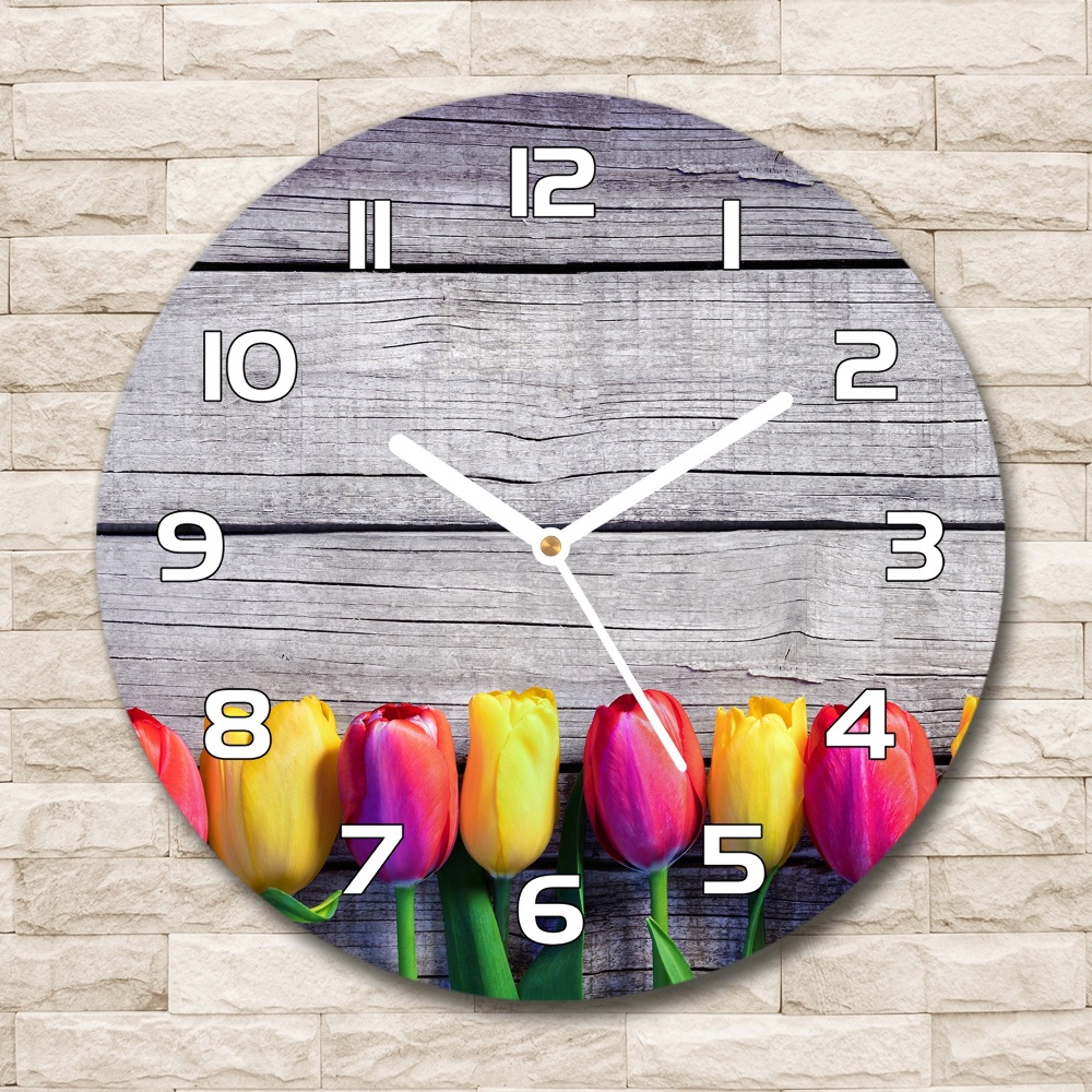 Round wall clock Tulips on wood