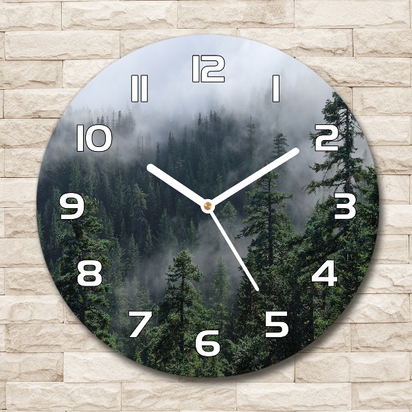 Round glass wall clock Forest fog