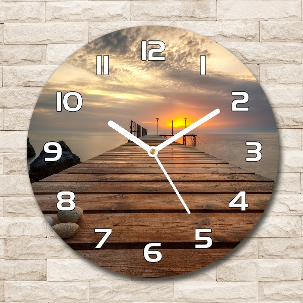 Round glass wall clock Wooden pier