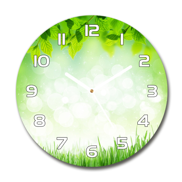 Round glass wall clock Leaves and grass