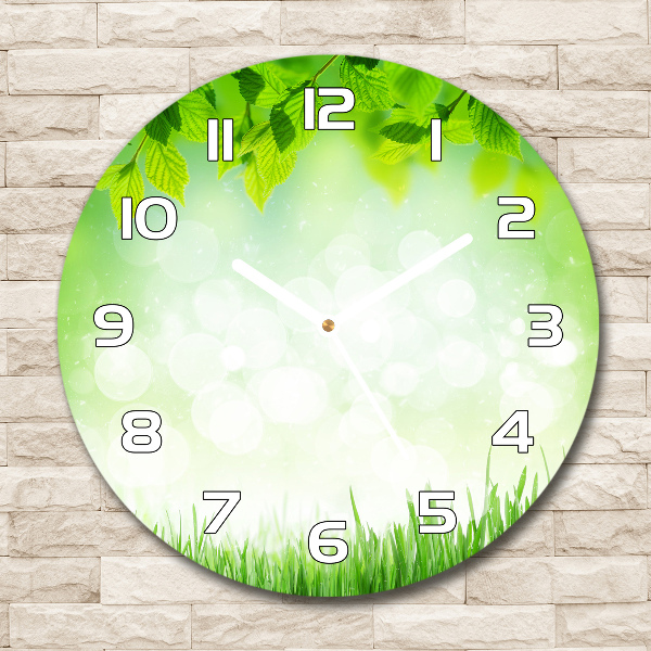 Round glass wall clock Leaves and grass