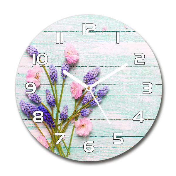 Round glass wall clock Lavender on wood