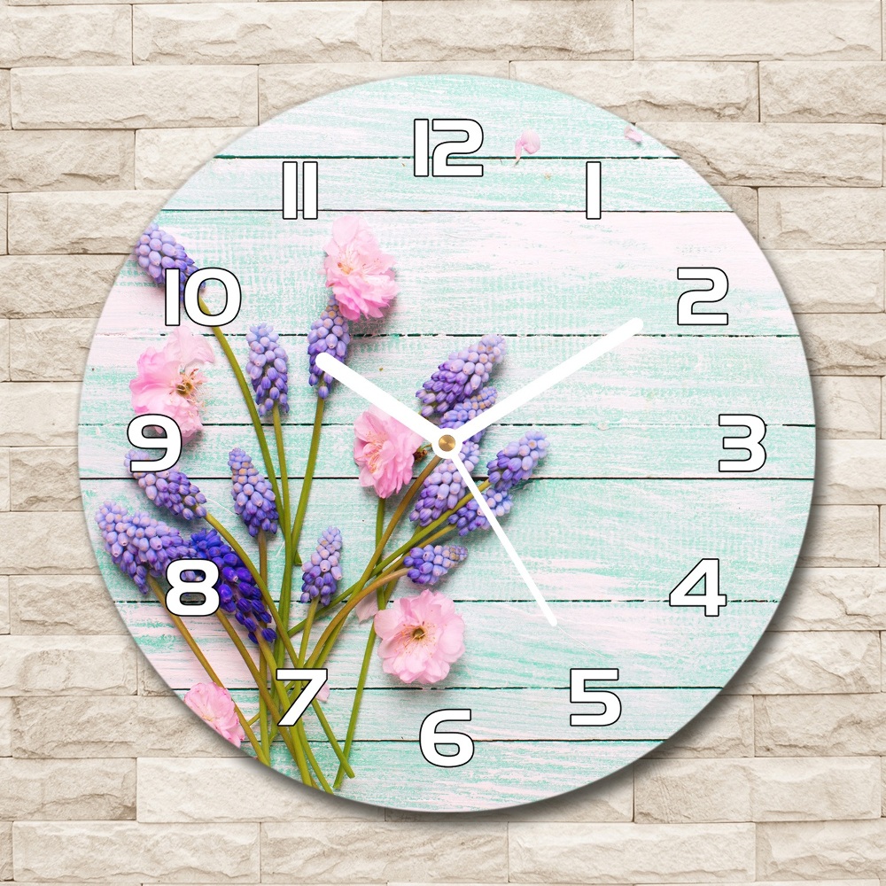 Round glass wall clock Lavender on wood