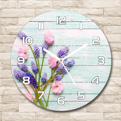 Round glass wall clock Lavender on wood