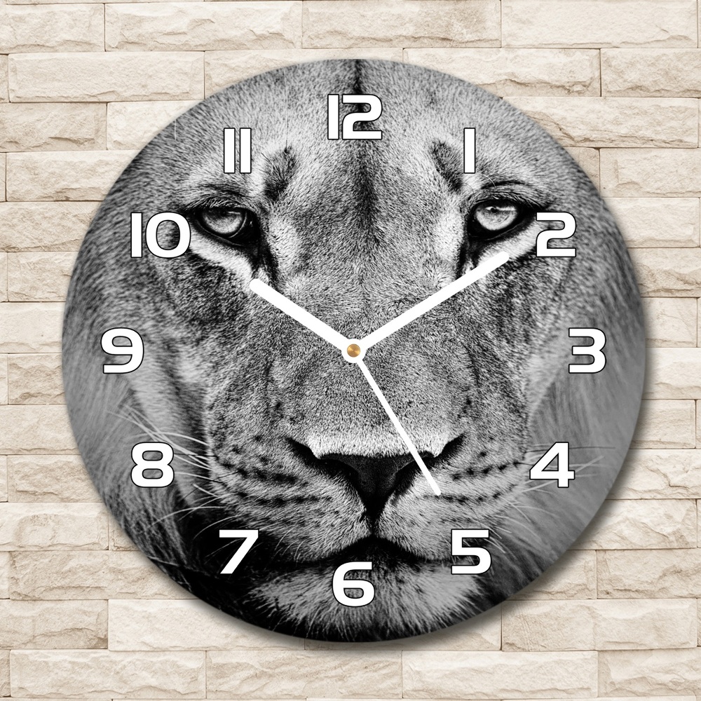 Round glass wall clock Portrait of a lion