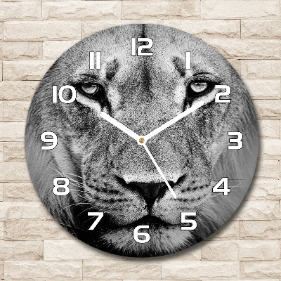 Round glass wall clock Portrait of a lion