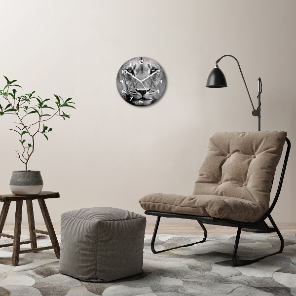 Round glass wall clock Portrait of a lion