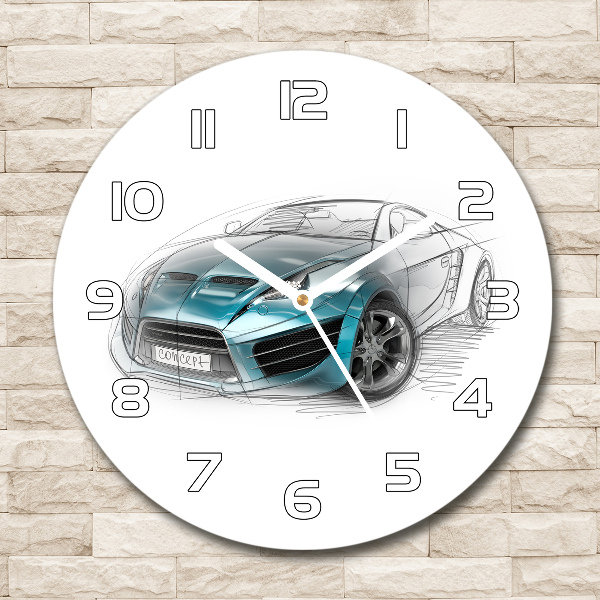 Round glass wall clock Sketch of the car